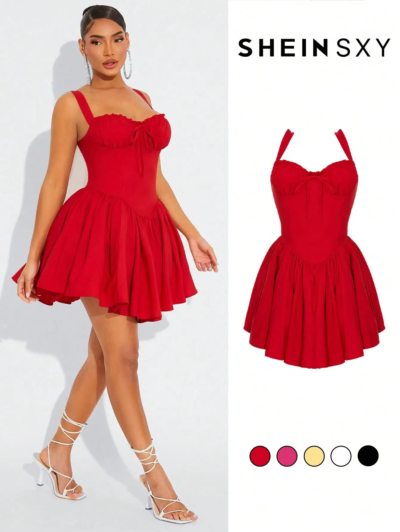 

Красное мини-платье с вырезом в форме сердечка, драпированным лифом и расклешенной юбкой