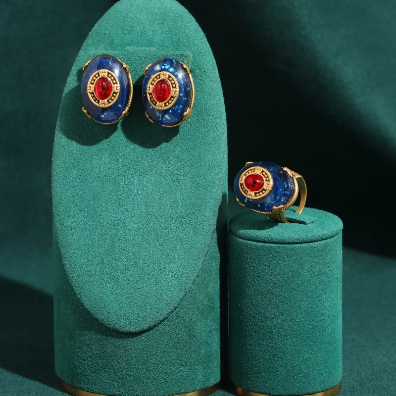 Vintage Red Glazed Opal Blue Palace Jewelry Sets Stud Earring Rings Luxury Trendy Classic Banquets Daily Gifts For Girlfriends