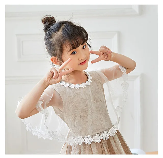 Eid Newborn Baby Girl White Beige Tulle Mesh Wraps Lace Child Bolero Wedding Jacket Summer Shawls Lace Cape Cover Over Shoulders