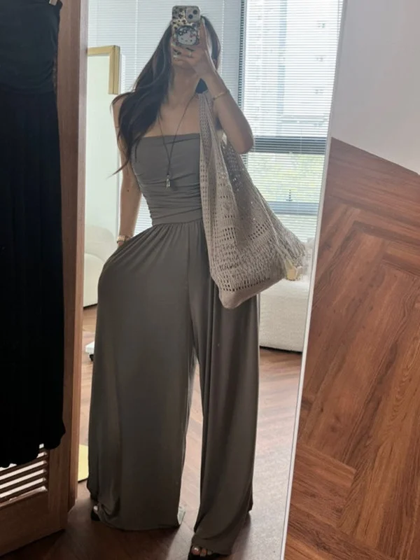 Chic Sexy Backless Folded Women's Dress Soft Wide Leg Casual Pants Korean Style Cotton Material Gathered Waist Slimming