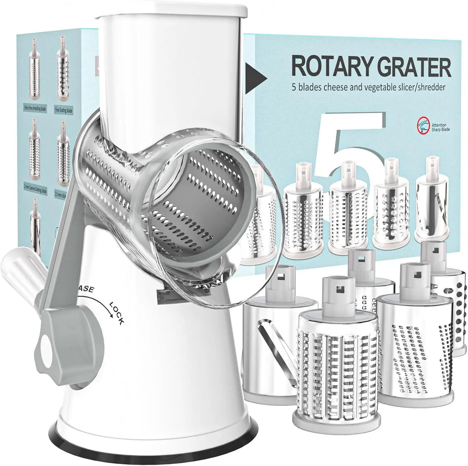 

5 in 1 Rotary Cheese Grater Hand Crank Cheese Shredder for Fresh Cheese, Vegetable, Nuts,Non-slip Suction Base, Five Blad