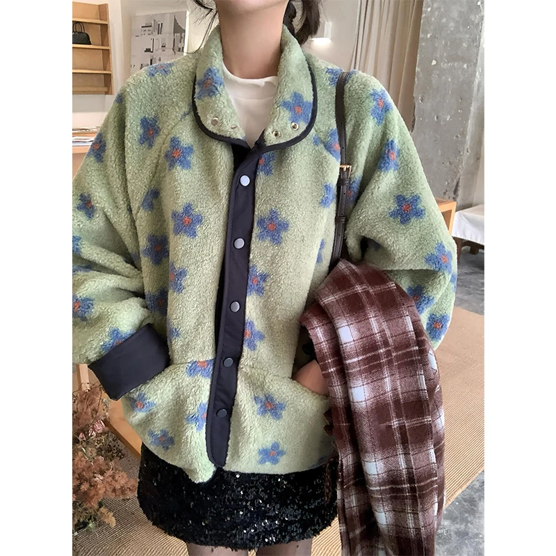 เสื้อโค้ทขนแกะลายดอกไม้ MEXZT สำหรับผู้หญิง สไตล์วินเทจ แขนยาว แจ็คเก็ตขนฟู ฤดูหนาว ฮาราจูกุ เกาหลี คิวท์คอร์ มีกระเป๋า เสื้อคลุมขนสัตว์ ใหม่