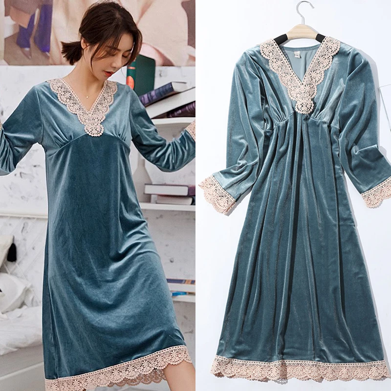 Winter Warm Nightdress Sleepwear Women Nightgown V Neck Lace Edge Autumn Velvet Long Sleeve Homewear Sleep Dress Home Clothes