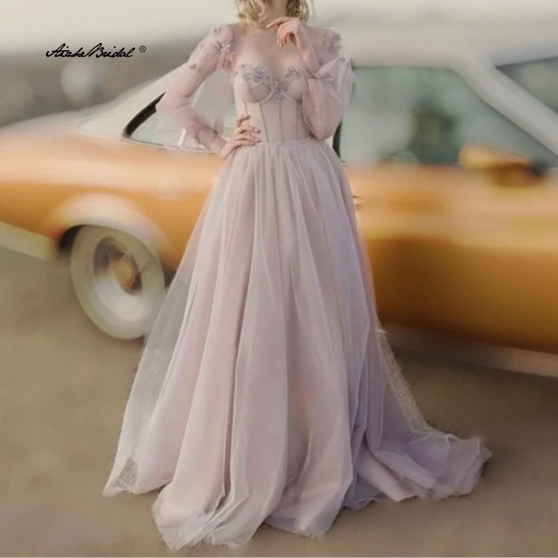 

Сказочные платья для выпускного вечера с пышными рукавами и открытой спиной, пыльно-розовое вечернее платье из тюля, вечернее платье на шнуровке