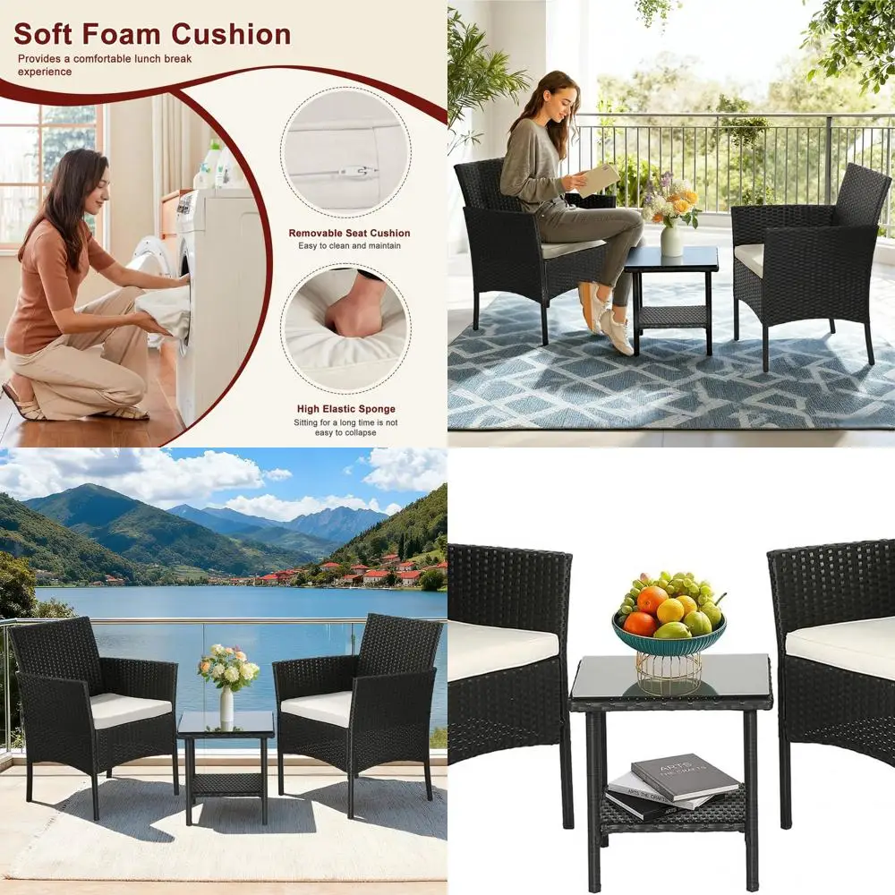 

3-Piece Black Rattan Outdoor Patio Furniture Set with Coffee Table for Backyard, Lawn, Porch, Poolside, or Balcony