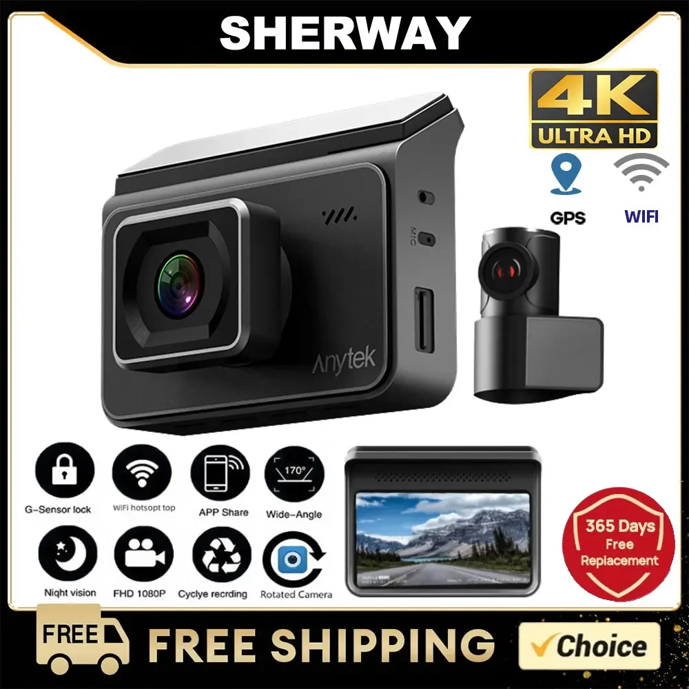 4K Dash Cam for Cars GPS Wifi Camera Car DVR Video Recorder Mini Front and Rear Dual Lens Camera HD Night Vision Car Accessories