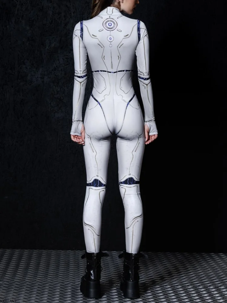 2025 Halloween Party Women's Bodysuit Cosplay Steampunk Costume Stretch Bodysuit Set Cyberpunk Mechanical Silver Armor Tights