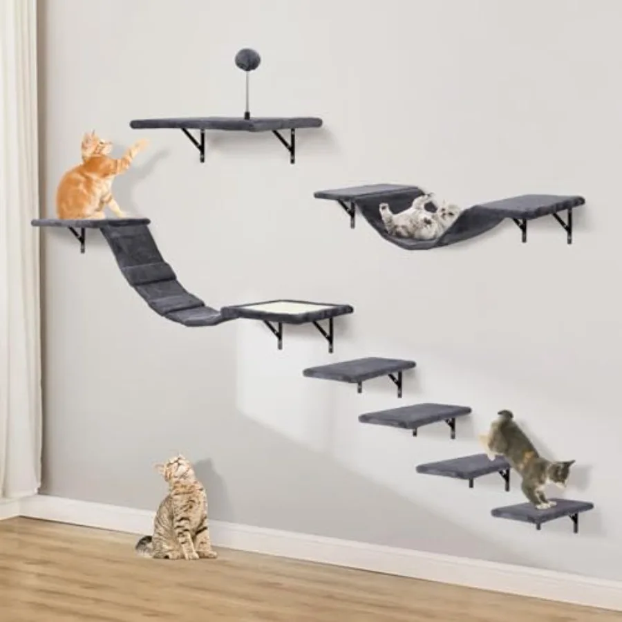

Wall-Mounted Cat Climber Set with Climbing Shelves Perches Bridge Hammock Scratching Board Ball - 7 Pcs Wood Indoor Cat Furnitu