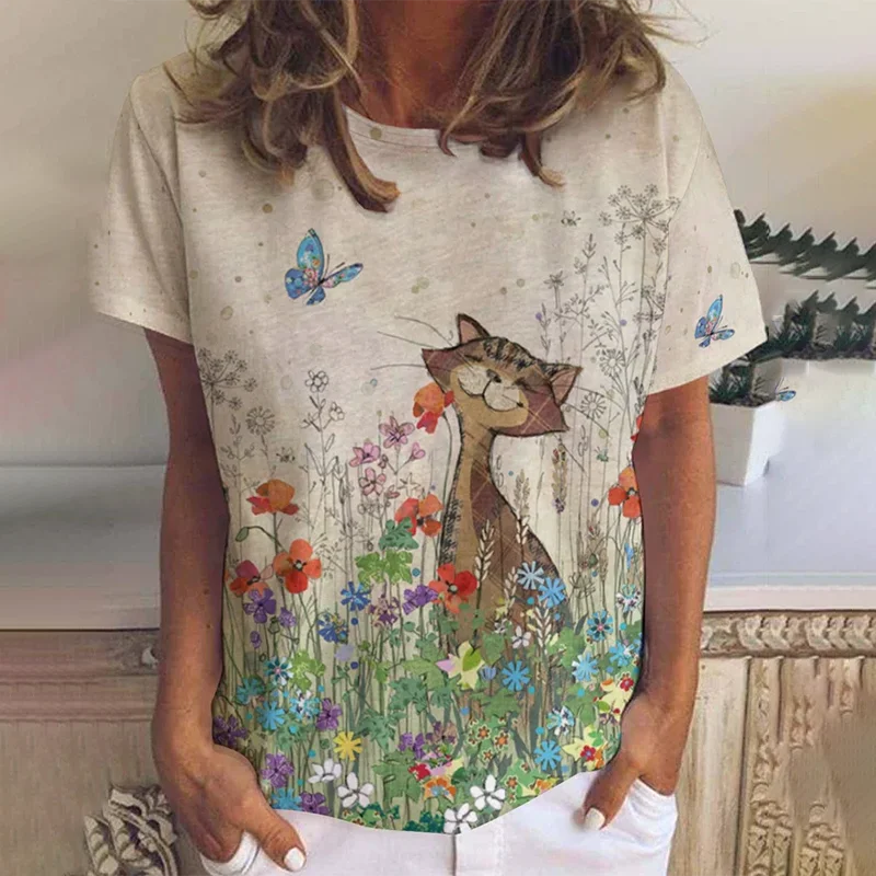 

Women's T-shirt Cartoon Cat Print Summer Short Sleeve O-Neck Kawaii Fashion Casual Tee Shirts With Cat Funny Femininity Clothing