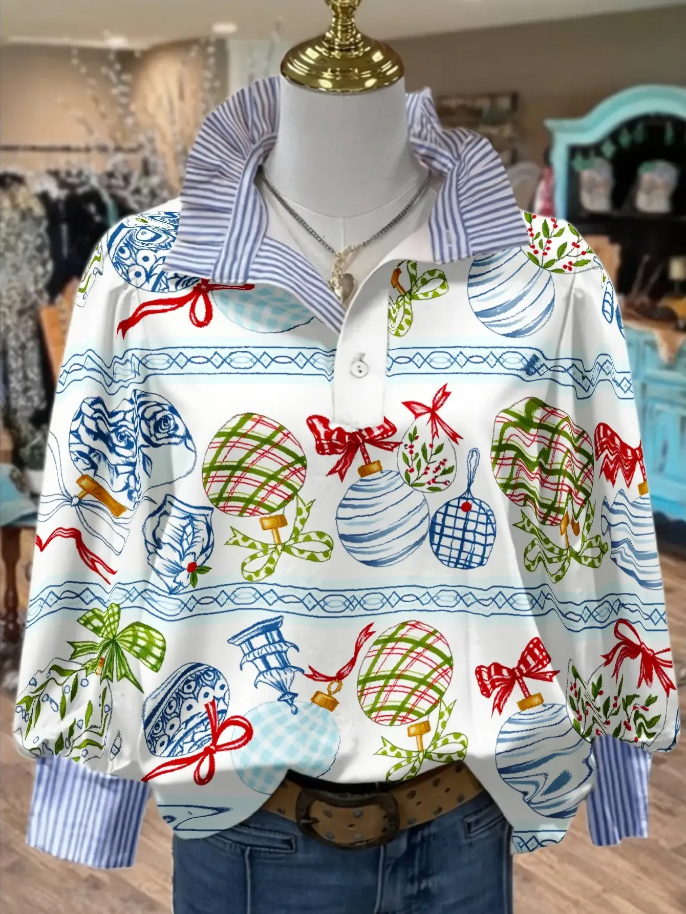 Women's Plus Size Long Sleeve Stand Collar Shirt with Creative Print for Spring, Autumn,  Elastic fabric, holiday shirt