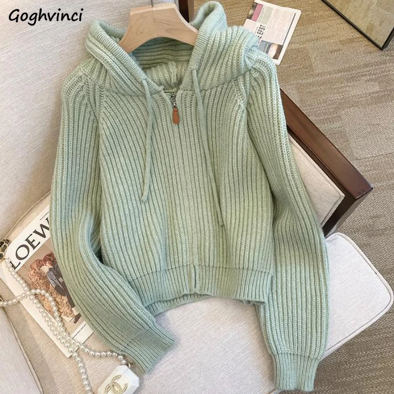 

Women Tender Hooded Knitted Cardigans Autumn Cute Schoolgirls Chic Zip-up Sweaters Harajuku Teens Trendy Long Sleeve Outerwear