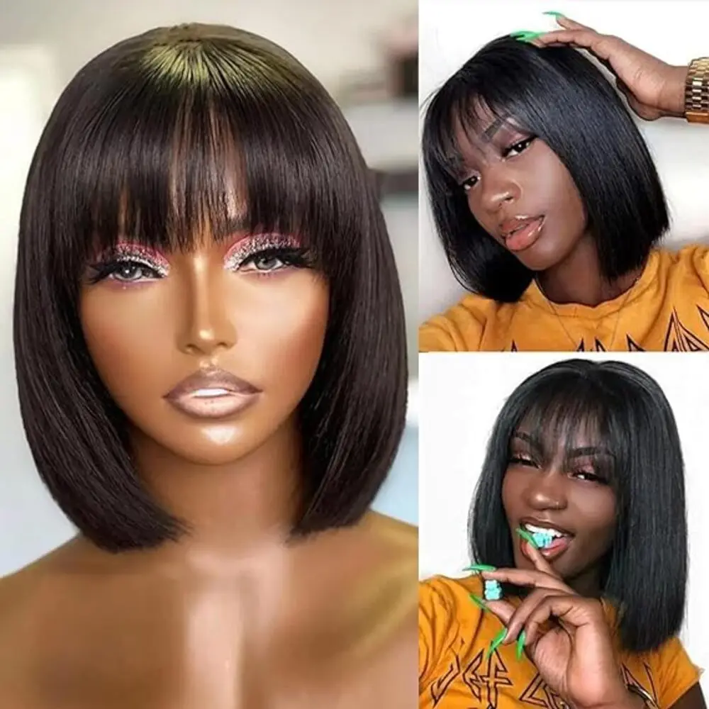 Straight Bob Wig with Bangs Straight Glueless Wigs 100% Human Hair Natural Black Short Bob Human Hair Wig Bob Wig 100%  Glueless