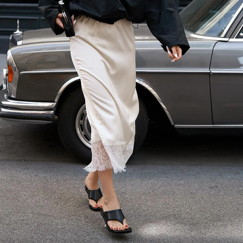 أنيقة الدانتيل المرقعة الساتان تنورة الجنية Coquette المرأة عالية الخصر الحرير ماكسي تنورة شيك موضة مثير سبليت تنورة نادي الطرف #5