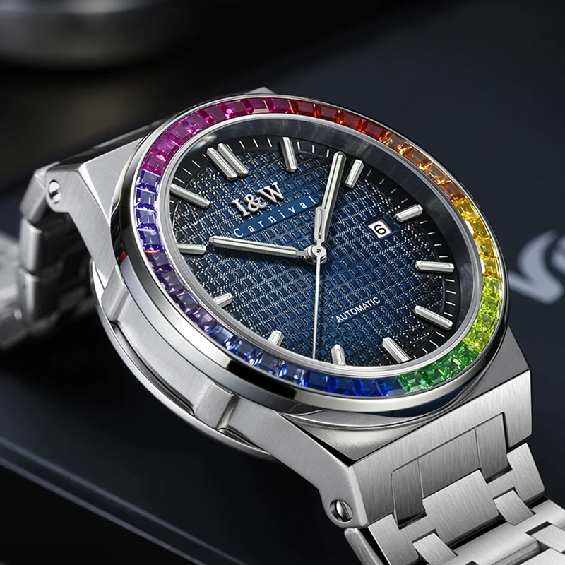 IW Luxury Brand Automatic Mechanical Watch Simple Calendar Display Fashion Color Diamond Case Men Clock Luminous Waterproof 716