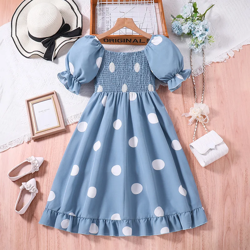 Kids Dress For Girls 8-12 Years Blue Shirred-Bodice Lantern Sleeves Polka Dot Dress Korean Leisure Daily Girls Dress