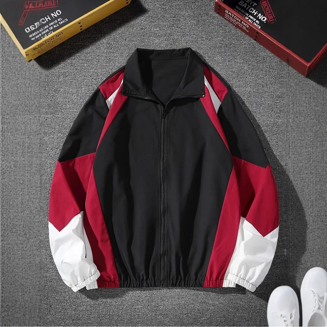 

Mens Colorful Spliced Zipper Jacket Regular Long Sleeve Casual Coat Suitable For Spring Autumn Streetwear menswear clothing