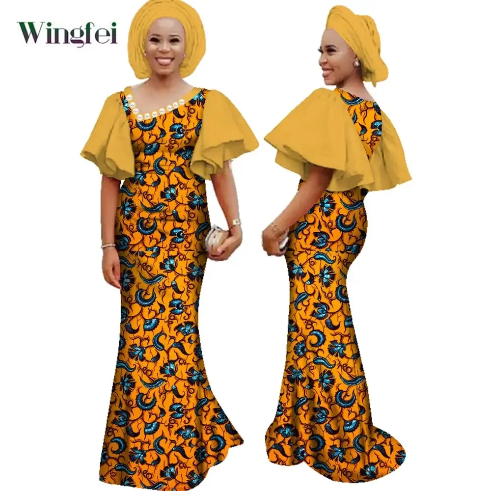 

African Dresses for Women Ankara Floral Print Maxi Long Dresses with Headwrap African Women Boubou Dashiki Dresses WY2713