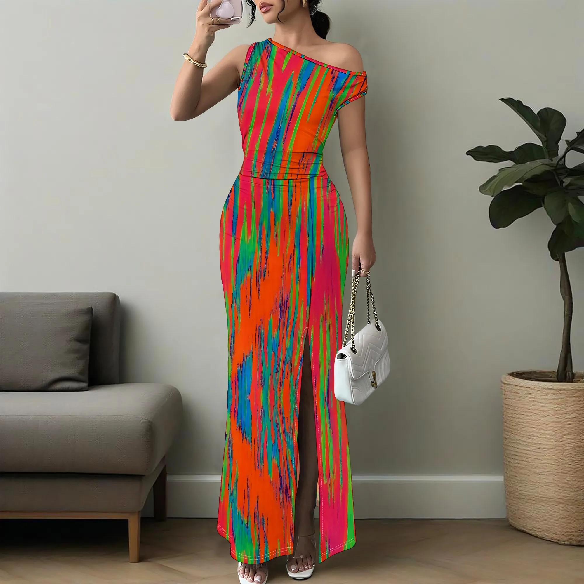 

Women's One Shoulder Colorful Maxi Dress 2025 Summer Party Dress Sexy Split Hem Bodycon Evening Outfit