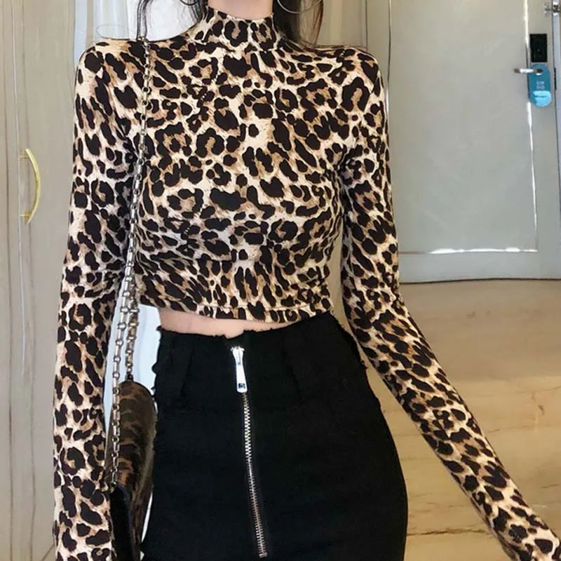 Top corto a maniche lunghe Slim a collo alto con stampa zebrata leopardata da donna primavera autunno