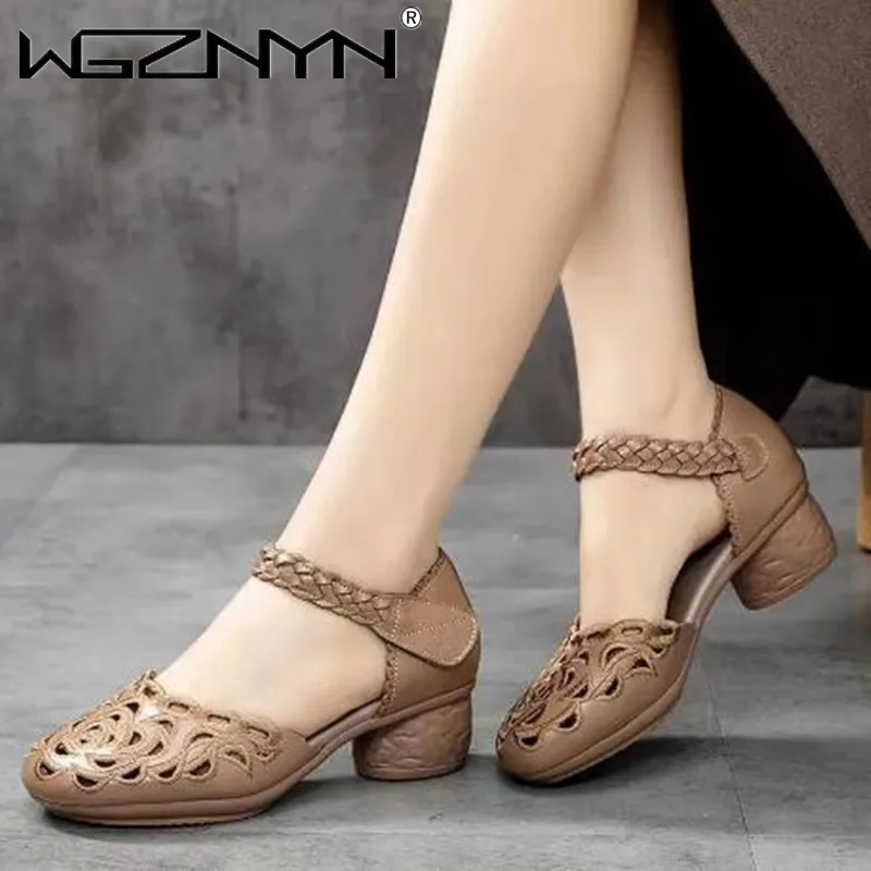 2022,NEW Summer Women\'s Genuine PU Leather Shoes Woman Retro Hollow Out Sandals Female Hook & Loop Heels Ladies Platform Sandal