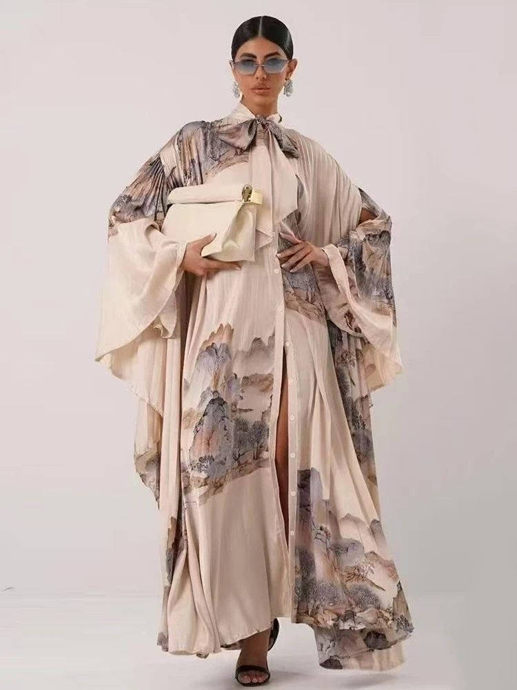 

Retro geometric print bow collar single breasted bat sleeve dress 2025 autumn women's fluffy skirt loose pleated skirt