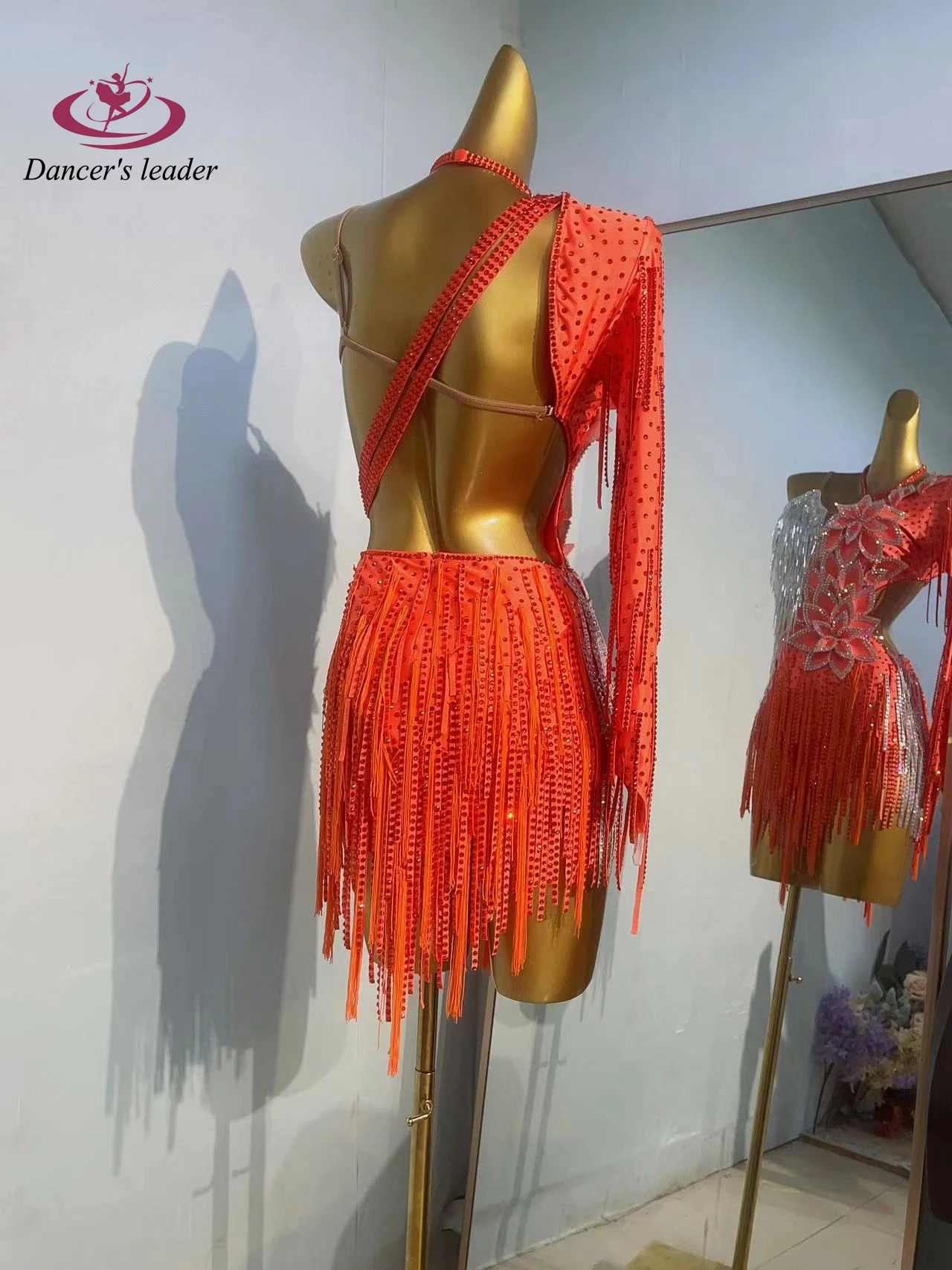 라틴 댄스 무대 여성용 고급 맞춤형 슈퍼 플래시 로터스 디자인 삼바 라인스톤 공연 의상 드레스