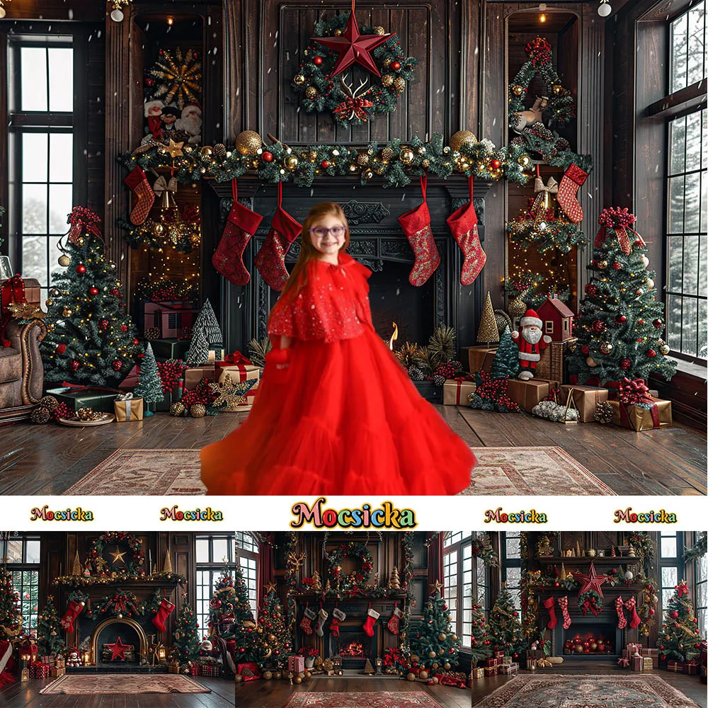 

Mocsicka Photography Background Fireplace Garland Christmas Tree Decoration Boy Girl Photo Portrait Backdrps Studio Props Banner