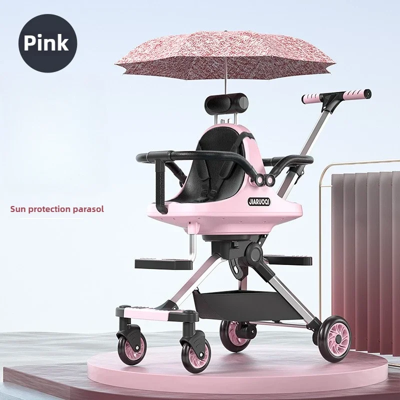 Lichtgewicht tweelingkinderwagen met hoge zitting, opvouwbaar, dubbele zitplaats, met parasol, verstelbare handgreep