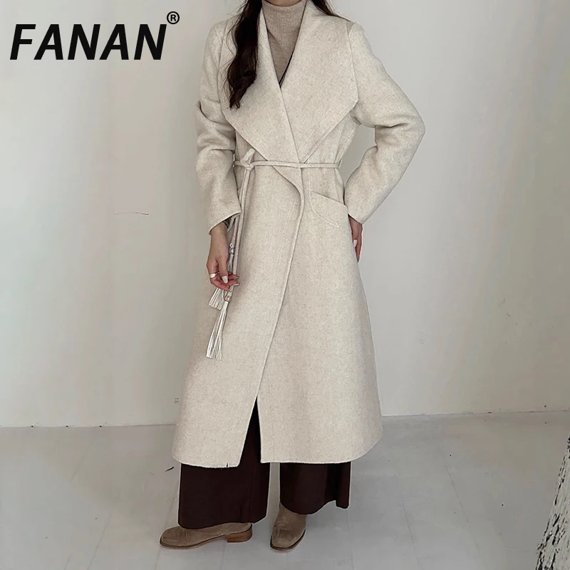

FANAN элегантные пальто из 100% шерсти для женщин, пояс с лацканами, присборенная талия, толстая теплая верхняя одежда, офисная женская одежда, новинка зимы 2023 г.