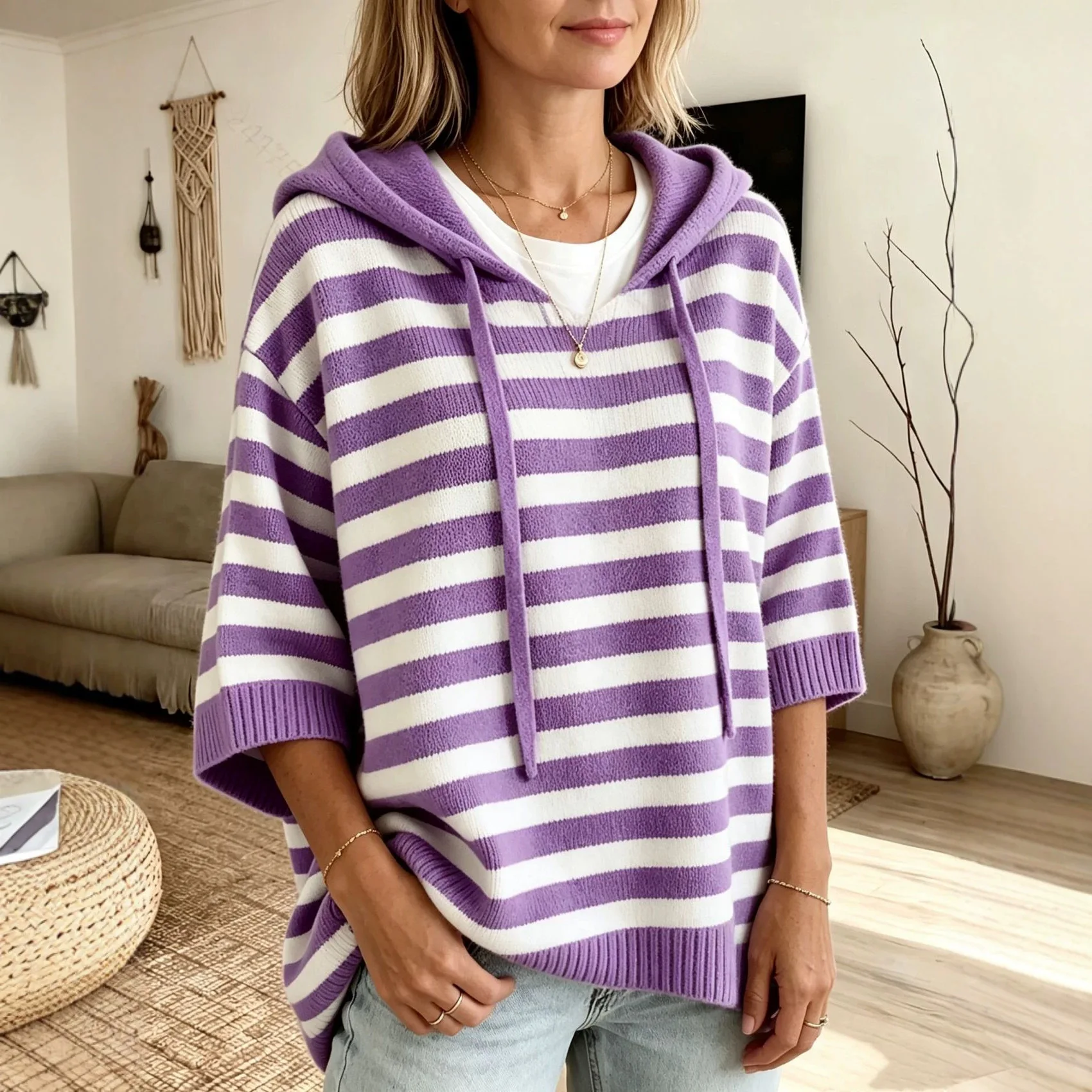 Women's Sweater New Hooded Drawstring Knitted Sweater Loose Long Sleeve Striped Jumper Women