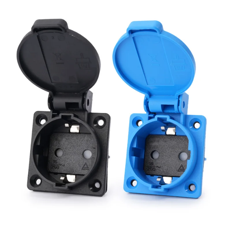 Black IP44 16A 250V electrical AC power socket European universal industry with waterproof cover German standard wiring socket