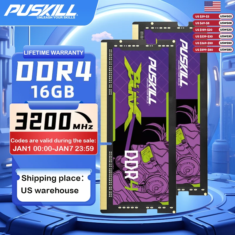 PUSKILL DDR4 Notebook Gamer Memoria Ram 2x16GB 3200MHz 2666MHz 1.2V 260pin Sodimm For Laptop Memory