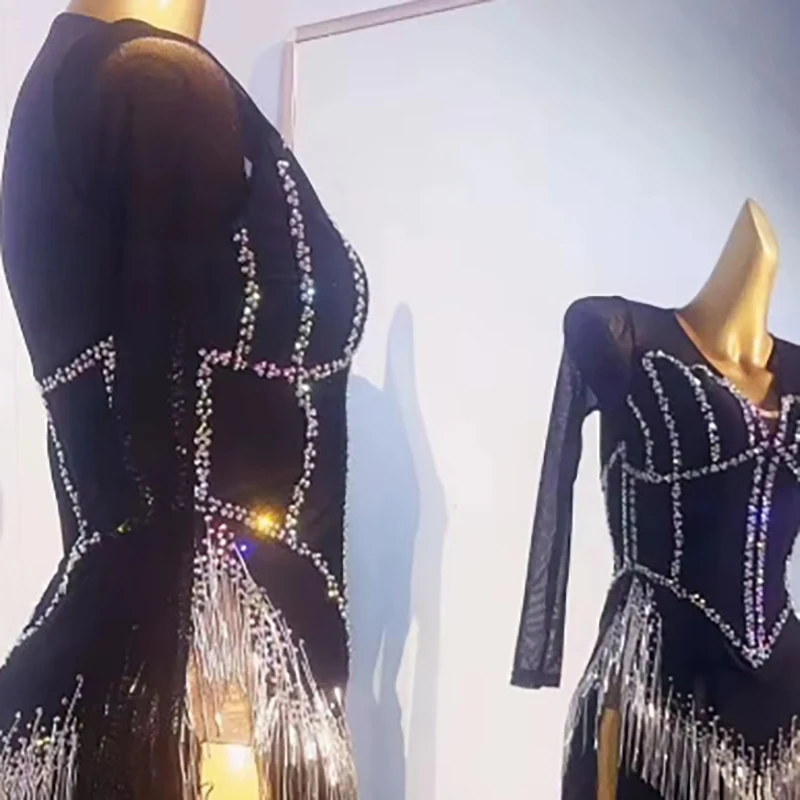 Latin Dance Women's High-end Customized Black Elastic Mesh Silver Tassel Samba Art Performance Clothing High Flash Dress