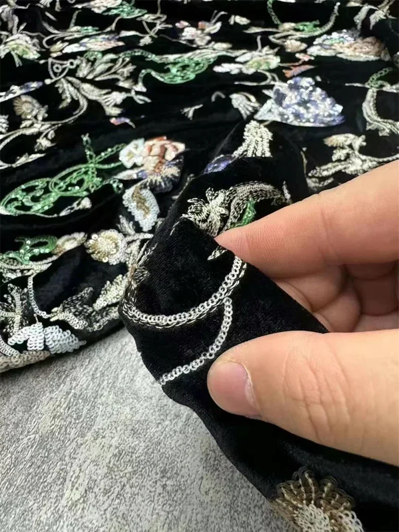 135cm Width Heavy Industry Sequin Bead Embroidery Velvet Fabric Luxury Handmade Designer Fashion Jacquard Mulberry Silk Fabric