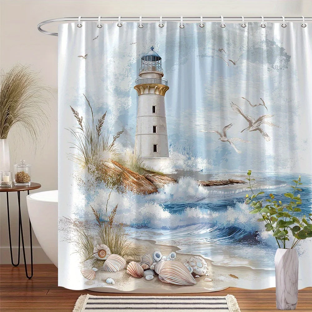 

[Занавеска для душа в маяке] 1 шт. Занавеска для душа Serene Coastal Lighthouse — белый и синий маяк на скачном берегу с чайкой