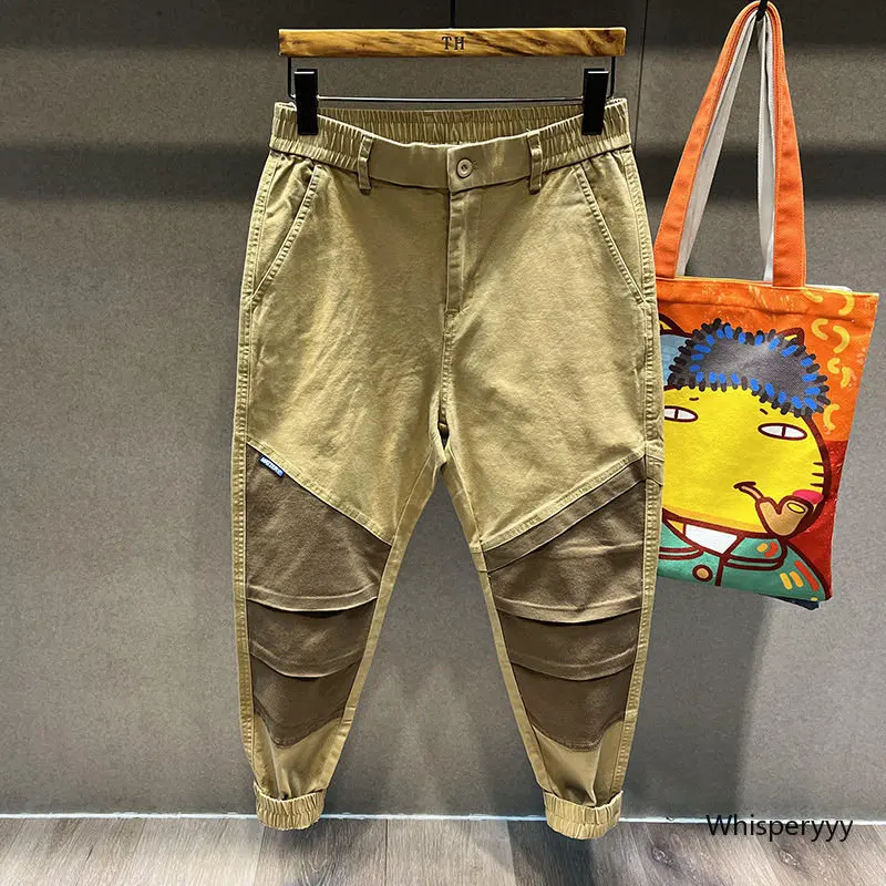 

Men's Cargo Pants Patchwork Fried Street Tide Brand Design Overalls Men Outdoors Casual Pants Male Loose Bunched Feet Trousers