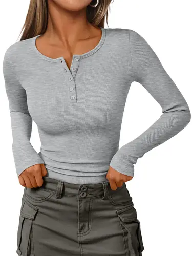 Imagen 2 del producto Camiseta ajustada de manga larga para mujer, Top de estilo básico acanalado con cuello Henry, otoño 2025, a la moda