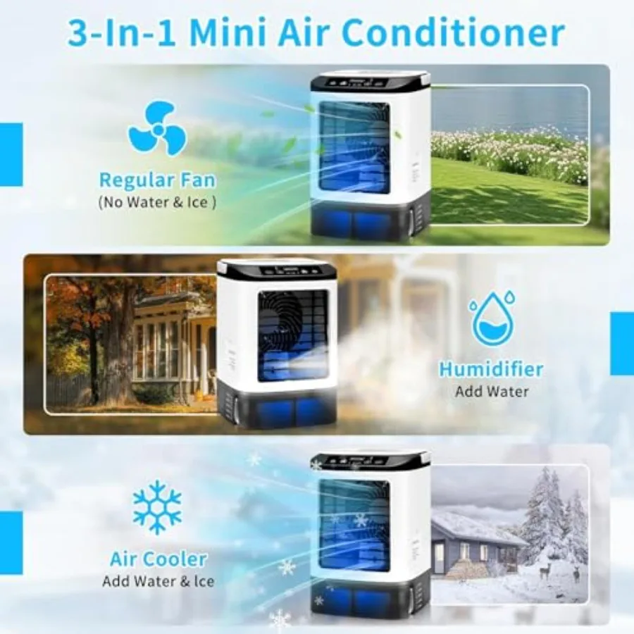 4-in-1 Mini Air Conditioner for bedroom office room car, evaporative cooler with 900ML tank ice cube mold, white plastic, ultra view 2