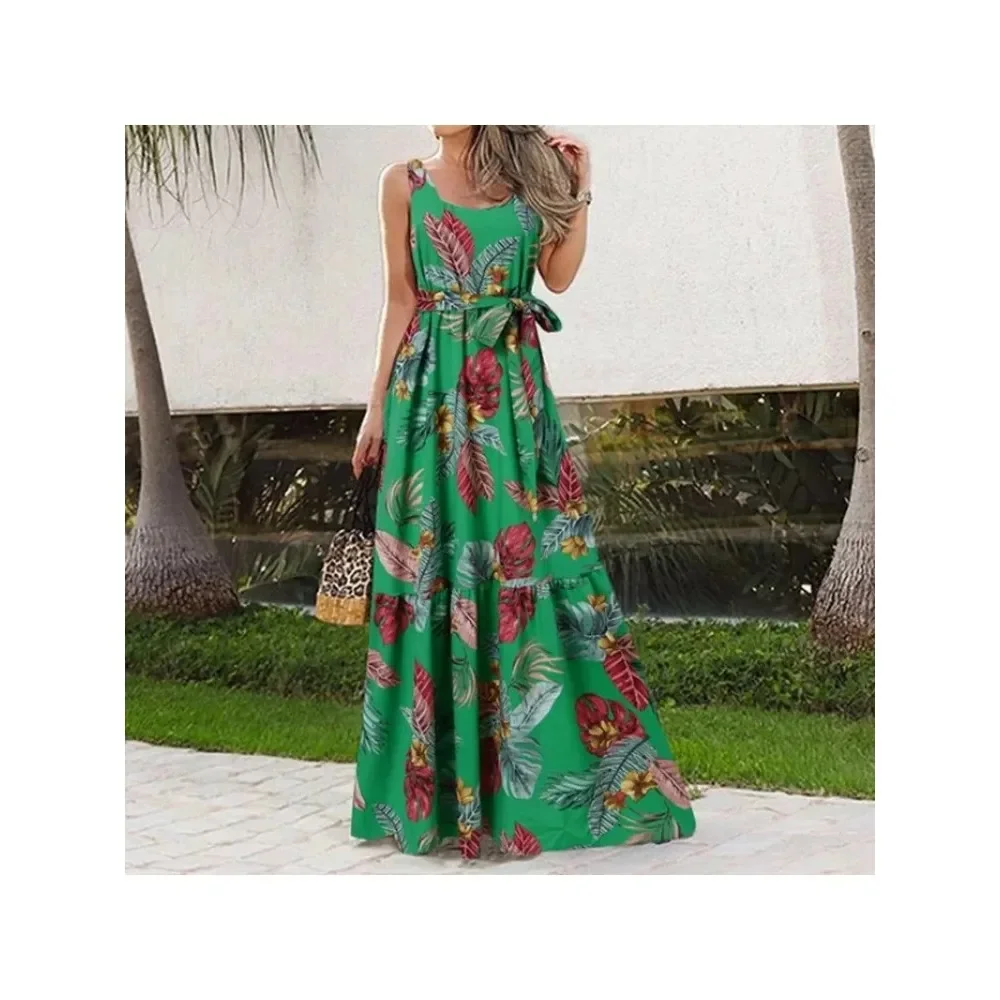 Damska sukienka Plus Size 1XL-5XL Summer Square Neck Sleeveless Belt Casual Dress Elegant Flower Print Fashion Loose Long Dress