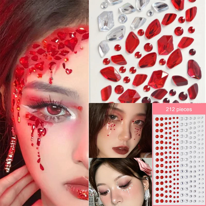 Red Alien Diamond Gem Stickers Makeup Music Festival DIY Eyes Face Jewels Stickers Party Cosplay Halloween Fake Tattoos