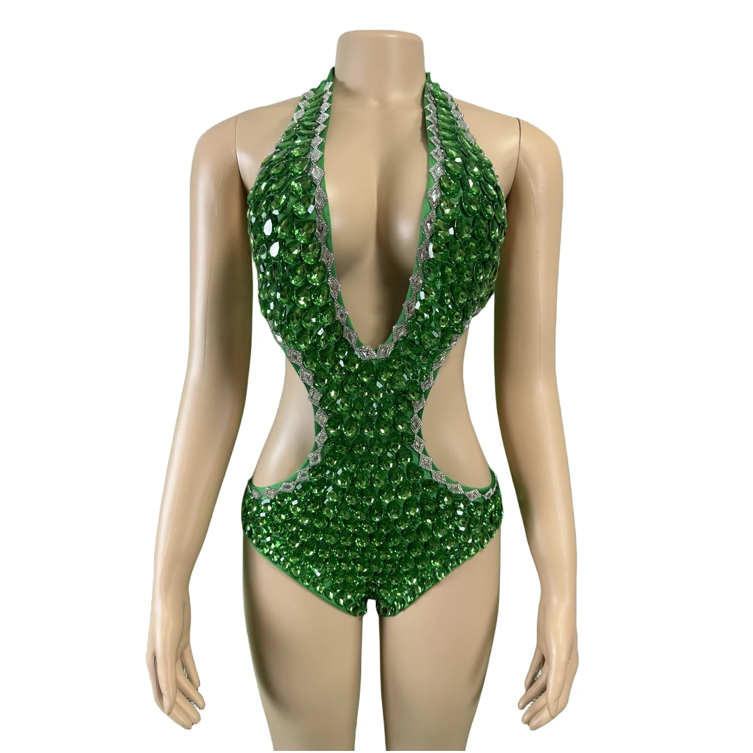 Gold Sparkly Rhinestones Women Birthday Sexy Bodysuits Party Show Ballroom Body Suits Costume Stage Wear Summer Beach Bikini