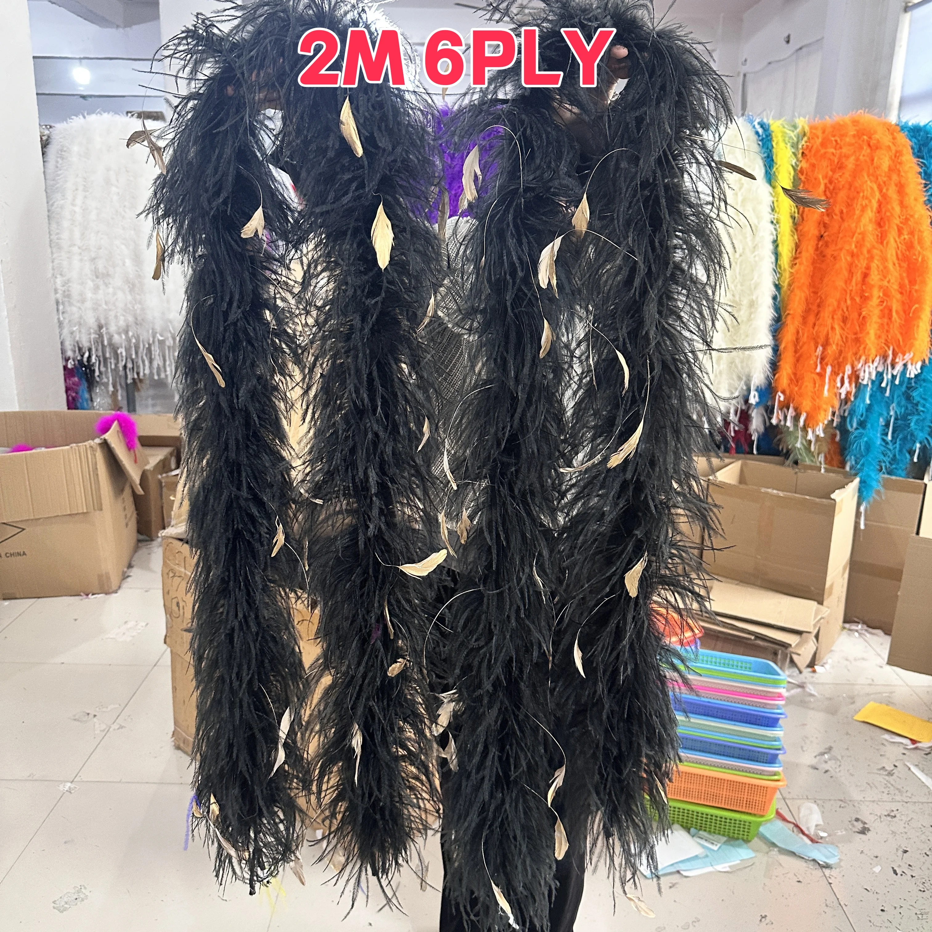 

Black Gold Ostrich Feather Boa 4 6 10 15 20Ply Natural Fluffy Ostrich Plume Ribbon for Wedding Clothing Shawl Customized 2 Meter