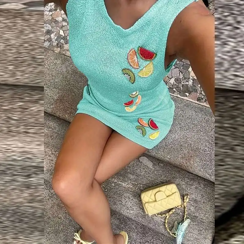 Women's O Neck Knitted Slim Mini Summer Hollow Out Sleeveless Beach Cover Up Dress Fruit Embroidery Vest Short Dresses New