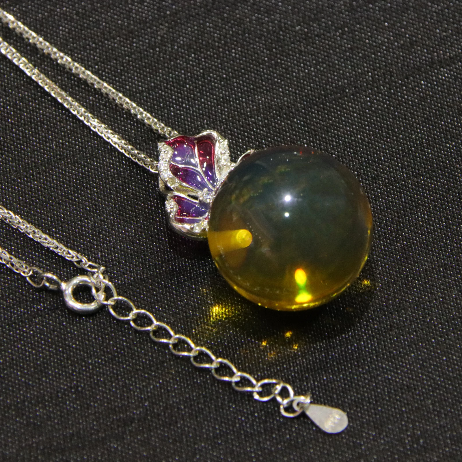 Natural Mexican Blue Amber Pendant in Sterling Silver with Floral Clasp 19mm Round Bead