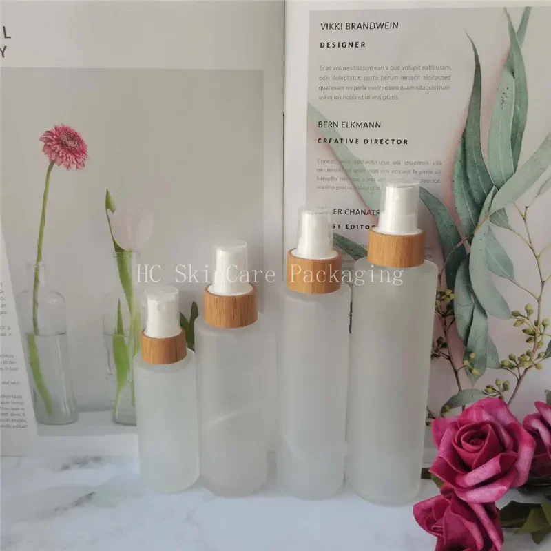 

Eco friendly Refillable Spray bottles wholesales transparent frosted glass bottle bamboo lid empty toner cosmetic container