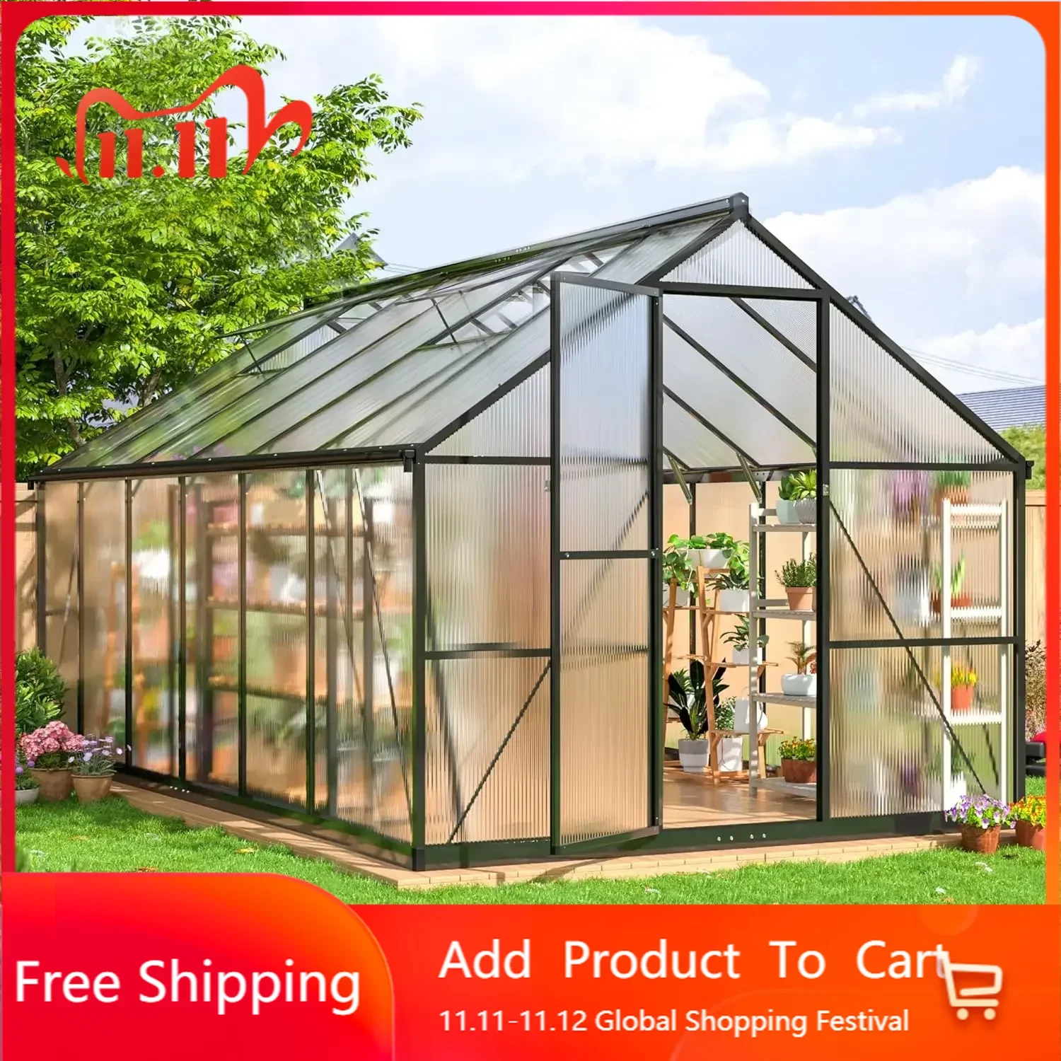 Greenhouse for Outdoors, Quick Setup Polycarbonate Greenhouse with Roof Vent, Aluminum Large Walk-in Greenhouse