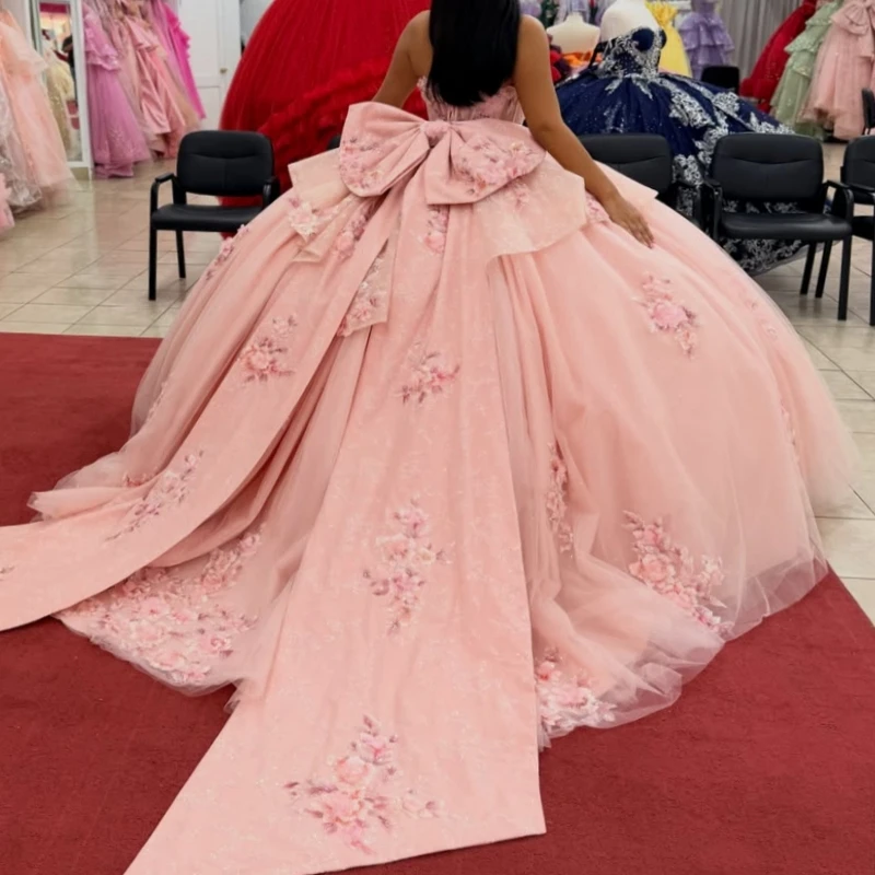 Pink Glitter Quinceanera Dresses Off Shoulder Ball Gown Sweet 16 Dress Applique Flower Beading Bow Tull Corset Party Birthday Ve