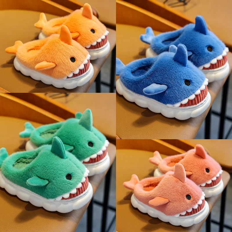 Children's Fall and Winter Cotton Slippers Boys and Girls Cute Cartoon Shark Slippers Home Indoor Baby Thick Bottom Slippers