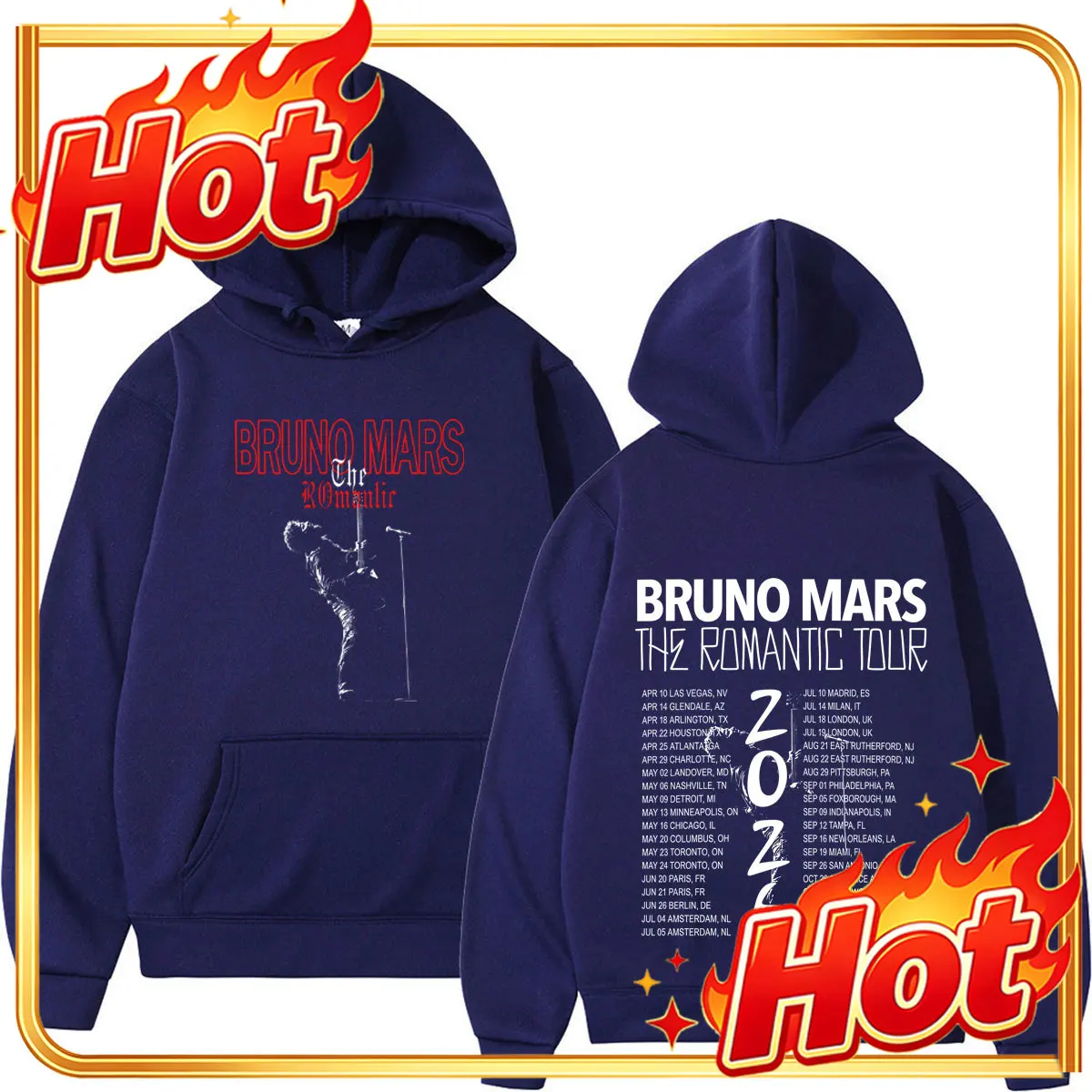 Sudadera con capucha y diseño gráfico de la gira romántica de Bruno Mars 2026, para hombre y mujer, de moda, con mangas largas, corte holgado, estilo casual y hip-hop.