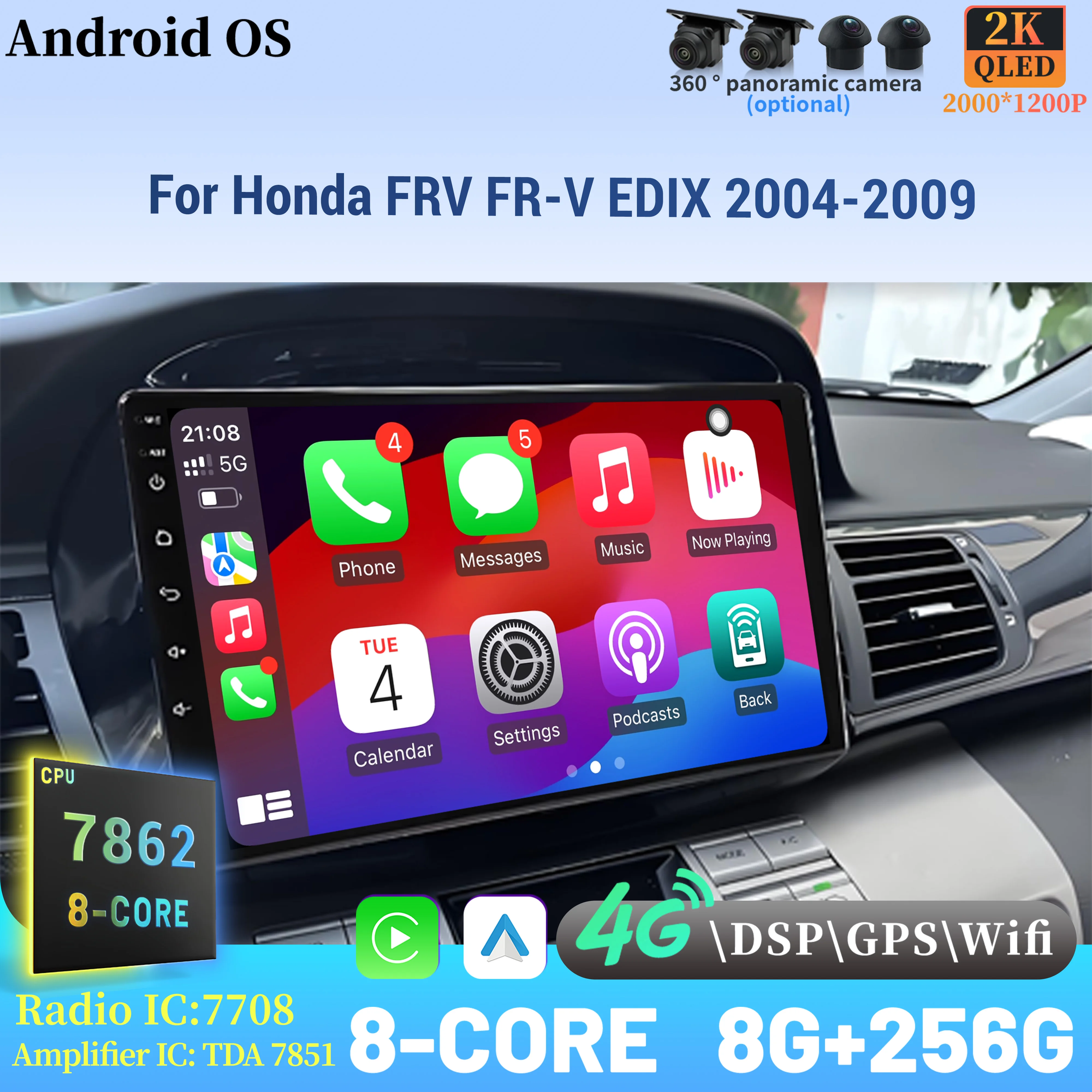 

Android 14 Radio Car Multimedia Player Touch 2K QLED Screen For Honda FRV FR-V EDIX 2004-2009 Wireless BT CarPlay